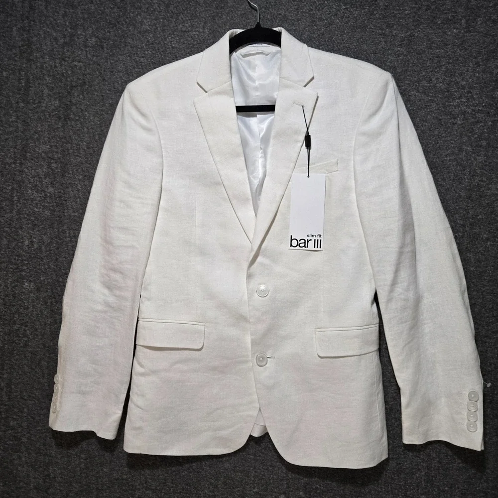 Bar Iii Mens Slim Fit 100% Linen Sport Coat Blazer 34S White